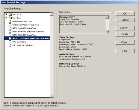 Screenshot of Load Project Setting